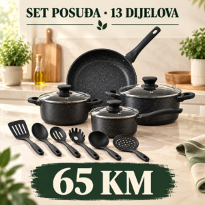 Crni set posuđa od 13 dijelova s poklopcima i kuhinjskim priborom, cijena 65 KM