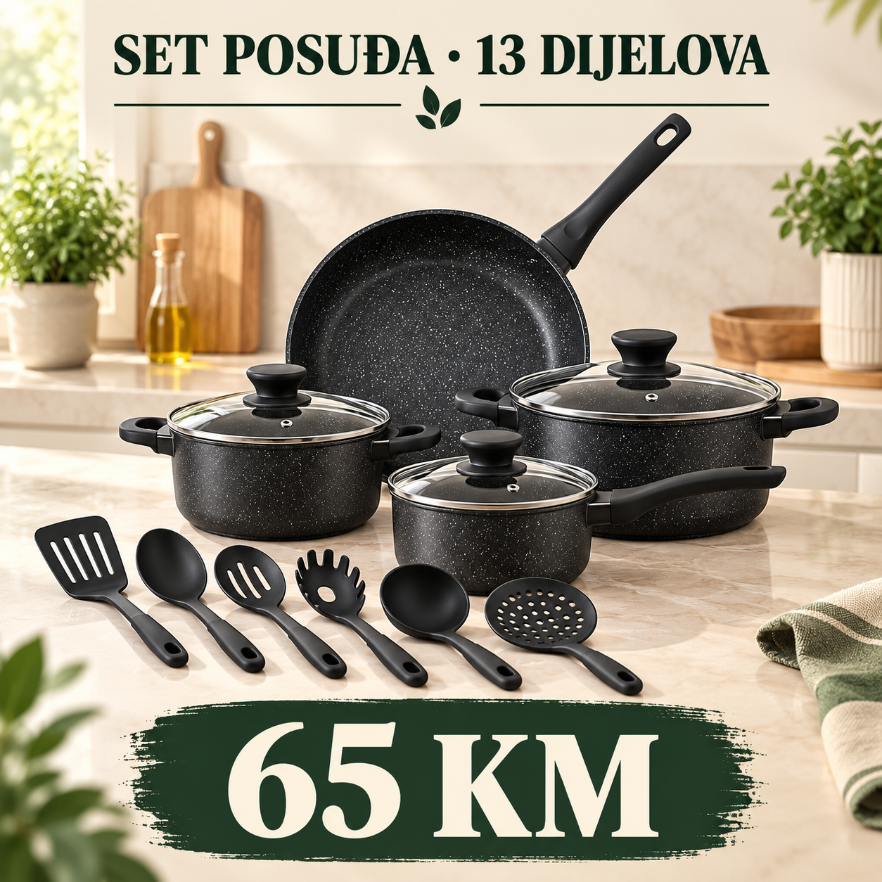 Crni set posuđa od 13 dijelova s poklopcima i kuhinjskim priborom, cijena 65 KM